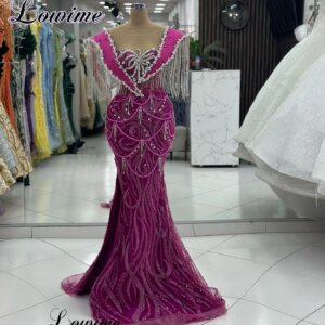 Dark Fuchsia Evening Dresses New Fashion Celebrity Dresses With Crystals Abendkleider Elegant Red Carpet Runway Dresses Mermaid