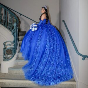 Royal Blue Quinceanera Dresses Ball Gown Off The Shoulder 3D Lace Applique Beaded Crystal Tull Corset Sweet 16 Dress Vestidos De