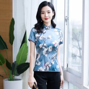 Summer New High Quality Real Silk Printing College Style Improved Short Sleeve Robe Qipao Women’s Dress Suit Upper Clothes
