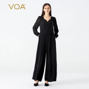 VOA 30 Momme Heavyweight Silk Black V-Neck Long Sleeve Jumpsuits Commuter Versatile Straight Loose Silk Jumpsuit Women New KE886