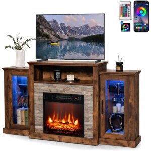 Electric Fireplace TV Stand, Entertainment Center W/Fire Place Heater, LED Lights, APP & Remote Control, Fireplace TV Stand