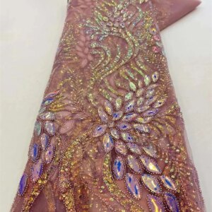 2024 African Sequins Beaded Lace Fabric Nigerian Groom Embroidery High Quality French Tulle Lace Fabric For Bridal Wedding WB06