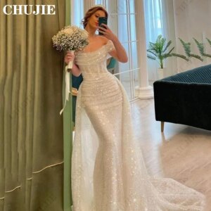 Customized Glitter White Prom Dresses Shiny Sequins Evening Dress Mermaid Wedding Dress Off Shoulder Vestidos De Fiesta 2025