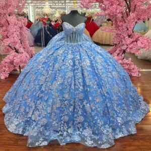 Luxury Sky Blue Ball Gown Quinceanera Dresses Sequin Applique Lace Beaded Tull Off Shoulder Sweet 16 Dress Lace-up Vestidos De