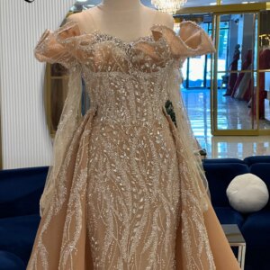 Champagne Elegant Evening Dresses With Detachable Train Long Sleeve Dubai Arabic Party Prom Gown Robes De Soirée 2025 Customized