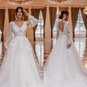 Luxury fashion Bohemian A-line tulle wedding dress Italian thin shoulder sexy V-neck split halter-back decal new bridal dress