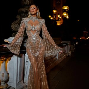 Illusion High Neck Evening Dress Beaded Crystals Cocktail Sexy Luxury Long Sleeve Customized Prom Dresses Vestidos De Novia