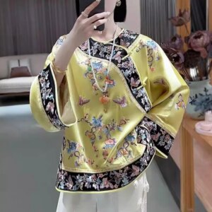 High-end Spring Women Acetate Top Retro Embroidery Butterfly Love Flower Elegant Lady Loose Coat Palace of the Qing Rulers S-XXL