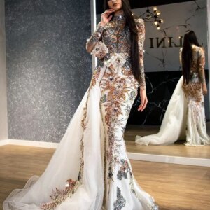 Arabic White Mermaid Prom Gowns Luxury Beading Sequined Evening Dresses Custom Made with Overskirts Party Dresses