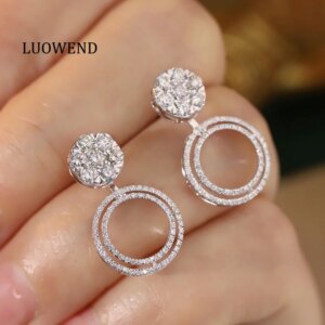 LUOWEND 18K White Gold Earrings Luxury Round Design 1.0carat Real Natural Diamond Stud Earrings for Women High Wedding Jewelry