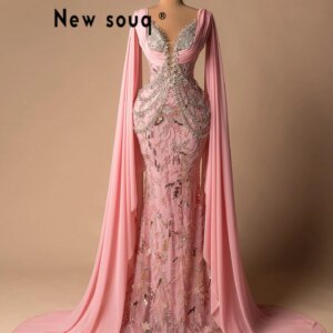 Robe 2025 Pink Evening Dresses Arabic Cape Sleeve Mermaid Crystals Popular Prom Dresses Vestidos De Gala Customized Party Gowns