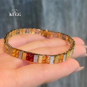 KUGG 100% 18K Yellow Gold Bracelet Women Shiny Diamond Natural Color Sapphire Bracelet Luxury Rainbow Design High Party Jewelry