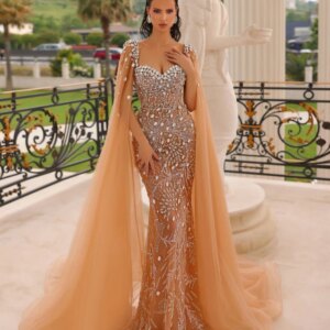 Luxurious Cape Prom Dress 2025 Formal Crystal Evening Dress Charming Beaded Sequined Floor-Length Gown Customized