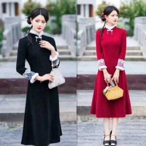 Fashion Improvement New Chinese Style Long a Cheongsam Qi Pao Dress Winter Daily Wearable