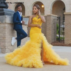 EVLAST Customized Gold Mermaid Prom Dress Black Girls Formal Party Dress 3D Floral Tiered Tulle African Wedding Guest Gowns P195
