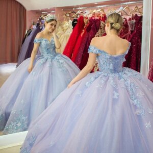 Glittering Light Lilac Shiny Quinceanera Dress Off Shoulder Crystal Floral Appliqué Bow Tull Formal Birthday Vestidos De 15 Anos