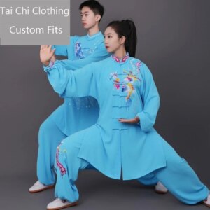 Tai Ji Suit Women’s Autumn Lake Blue Embroidered Men’s National Style Mid-Length Eight-Section Brocade Exercise Clothing