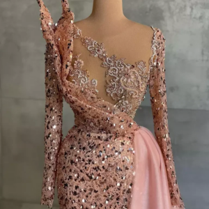 Sparkly Sequined Beads Mermaid Evening Dress Dubai Arabic Sweep Long Ocassion Gown Pink Prom Dresses vestidos semi formales