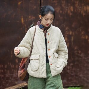 Winter Women’s New Ramie Quilted Warm-Keeping Cotton Clothing Improved Stand-up Collar All-Match Short Cotton-Padded Coat