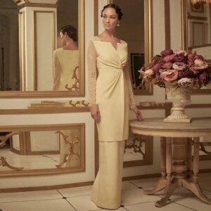 Evening Dress Long Elegant 2023 V Neck Lace Sleeve Mermaid Mother of the Bride for Wedding Floor Length Guest Gown