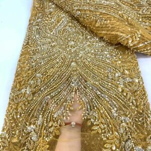 Luxury African Sequins Beaded Lace Fabric 2025 High Quality Lace 5 Yards Gold French Lace Fabric Nigerian Net Lace Fabrics Party