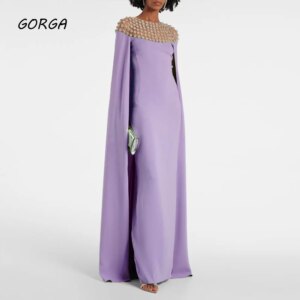 GORGA Lilac Beading O-Neck Crepe Mermaid Prom Dress 2024 Slim Long Sleeve Ocassion Gown Floor-Length Formal Evening Dress