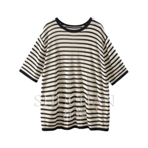 2025 Loose Casual Contrasting Stripes Silk Lyocell Short-sleeved Knitted Sweater New Women’s Pullover 37C0