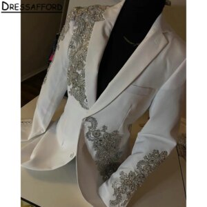 White Men Suits Two Pieces Appliques Beading Evening Party Blazer Groom Wear ( Jacket + Pants )