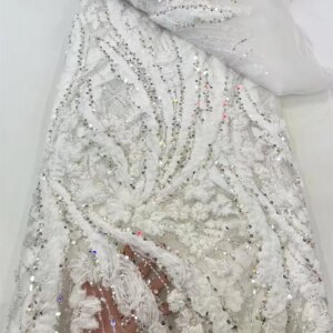 White France High-End Handmade Beaded Lace Fabric Nigerian Embroidery Bead with Sequin Mesh Lace Fabric for Wedding Dress Q336-1