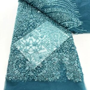 Latest Luxury Sequins Beads Lace Fabric With Heavy Beads Embroidery Fabric Fashion French Tulle Mesh Lace Fabric For Party Dress
