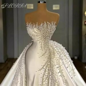 Vestido De Noiva Elegant Pearls Crystal Mermaid Wedding Dress 2022 High End Strapless Overskirt Satin Bridal Gown African Woman