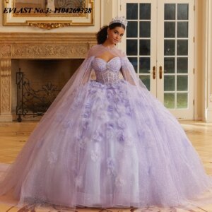 EVLAST Customized Lilac Lavender Quinceanera Dress Ball Gown Floral Applique Beaded Cape Sweet 16 Vestidos De 15 Anos E3Q123