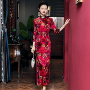 New Rose Print High Quality Real Silk Long Cheongsam Qipao Women’s Dress