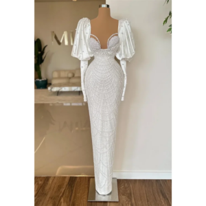 White Pearls Evening Dresses Luxury Sweetheart Long Sleeves Beads Sequined Sheath Party Gowns Fashion Floor Length Prom Dresses
