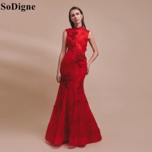 SoDigne Elegant Red Evening Dresses High Neck Sleeveless Mermaid Floral Appliques Backless Party Dress 2024 Sexy Prom Gowns