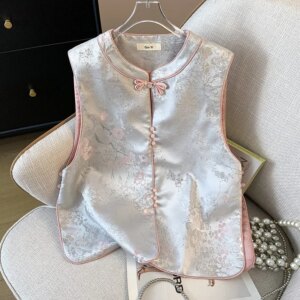 New Chinese style heavy industry embroidery small round neck disc jacquard brocade vest cardigan coat