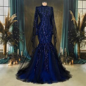 Navy Blue Mermaid Evening Dress Arabic Dubai Long Sleeves Party Dresses Birthday Engagement Thanksgiving Gowns 2024 Customized