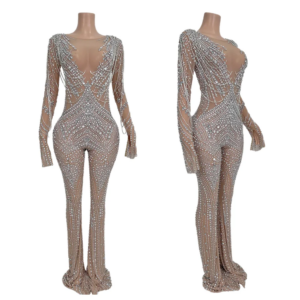Long Sleeves See Through Tassel Rhinestone Wide Leg Jumpsuit Flare Pants Women One Piece Bodysuit Club Party Bodycon Rompers