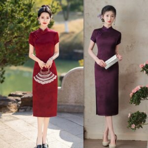 Wedding Banquet Imitation Acetic Acid Long Cheongsam Qi Pao     Retro National Style Middle-Aged Elderly Women Skirt