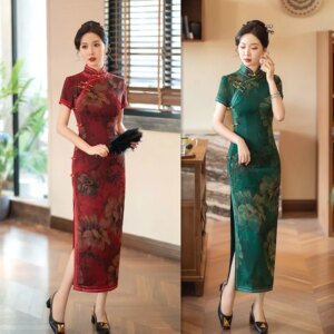 Retro Chinese Style Long Wide-Brimmed Short Sleeve Robe Qi Pao     Traditional National Cheongsam Skirt