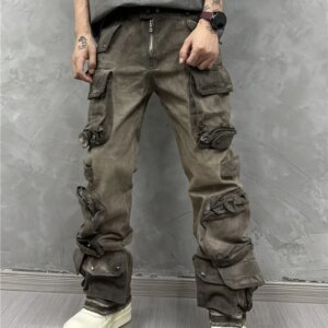 Heavy Waste Soil Worn Looking Washed-out  Multi-Pocket Cargo Pants Personalized Minority Straight Casual Trendy Men’s Trousers