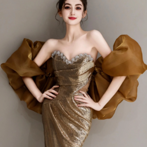 Advanced Golden Sequins Evening Dress Puff Sleeves Mermaid Strapless Red Carpet Party Formal Occasions Cocktail Prom Gowns New