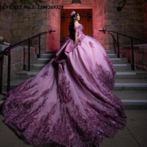 EVLAST Customized Purple Quinceanera Dress Ball Gown Sequins Applique Beading Mexican Bow Sweet 16 Vestido De 15 Anos E3Q184