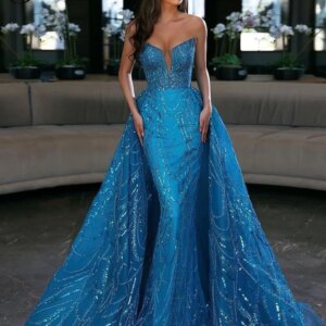 Luxury Blue Evening Dresses With Detachable Train Sweetheart Mermaid Grand Party Dresses Elegant Robes De Soirée Celebrity Dress