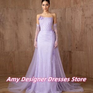 Charming Light Purple Evening Dresses Exquisite Handmade Flowers Luxury Rhinestone Long Mermaid Wedding Party Dress Customized