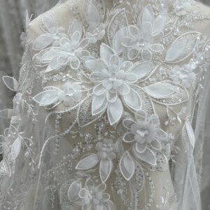 High-End Handmade Custom Three-Dimensional Flower Sequins Pearl Lace Embroidery Fabric Wedding Dress Custom Fabric