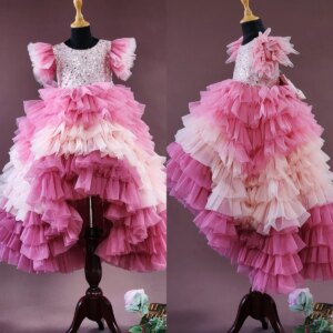 Ombre Pink Girls Birthday Party Dresses Customized Ruffles Sequined Flower Girl Dresses for Wedding Baby Girl’s Photoshoot Gowns