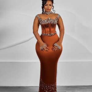 Orange Sheath Prom Dresses Full Sleeves Beaded Rhinestones Satin Evening Formal Party Second Reception Birthday Gowns