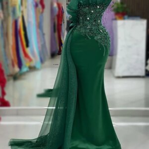 Green Mermaid Prom Dress Beaded Crystals Appliques Evening Formal Party Second Reception Birthday Engagement Gown Robe De Soiree