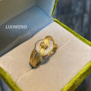 LUOWEND 100% 18K Yellow Gold Rings Fashion Chain Shape 0.20carat Real Natural Diamond Engagement Ring for Women Fine Jewelry